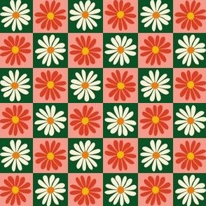 Retro Daisy Flower Checker - Floral Checkerboard - Watermelon Pink + Green