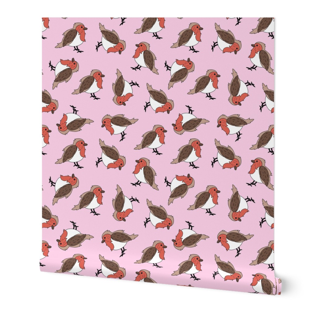Little winter robins - Christmas theme birds freehand seasonal winter wonderland animals on blush pink