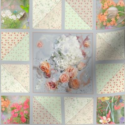 8x8-Inch Repeat of Faux Quilt with White Hydrangea and Peach Roses