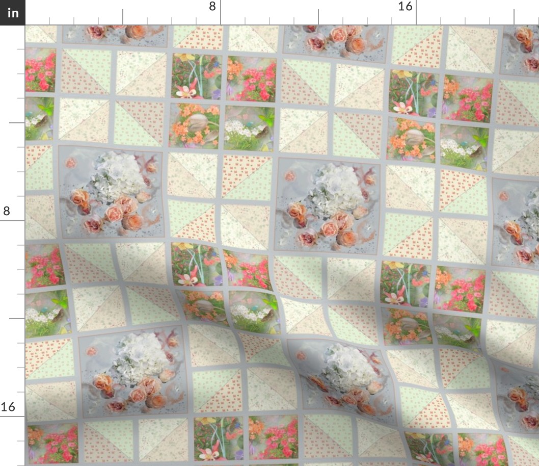 8x8-Inch Repeat of Faux Quilt with White Hydrangea and Peach Roses