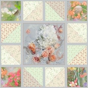 6x6-Inch Repeat of Faux Quilt with White Hydrangea and Peach Roses