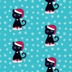 Cute Christmas kitties in sneakers on turquoise 