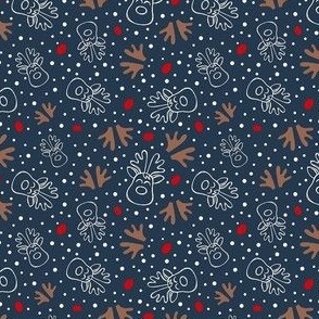 Small Scale Red Nosed Reindeer Doodle on Navy