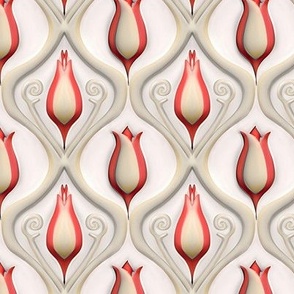 Embossed Tulip Ogee Damask in Scarlet and Cream