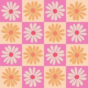 Retro Daisy Flower Checker - Floral Checkerboard - Pink + Orange