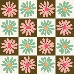 Daisy Flower Checkerboard - Pink + Green
