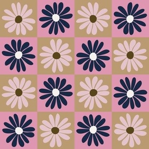 Daisy Flower Checkerboard - Pink + Navy Blue