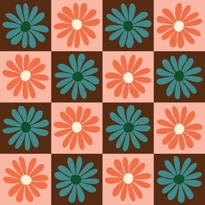 Daisy Flower Checkerboard - Teal Blue Green + Pink / Orange