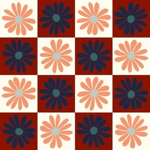 Daisy Flower Checkerboard - Red + Orange