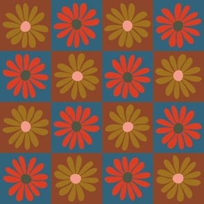 Daisy Flower Checkerboard - Blue + Tan + Pink