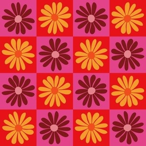 Retro Daisy Flower Checker - Floral Checkerboard - Bright Pink + Orange