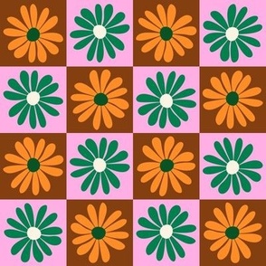 Daisy Flower Checkerboard - Bright Pink + Green + Orange