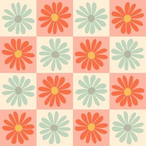 Retro Daisy Flower Checker - Floral Checkerboard - Pink + Mint + Sage Green