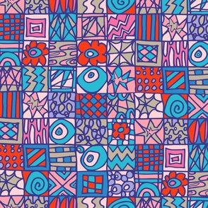 Surprises Doodled Coloring Book Abstract Line Drawing Tile Checkerboard in Red Blue Lavender Pink Gray - LARGE Scale - UnBlink Studio by Jackie Tahara