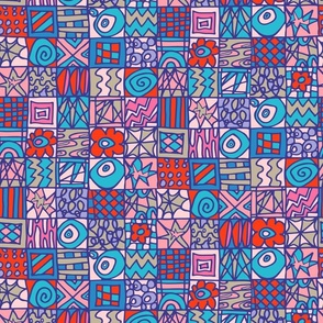 Surprises Doodled Coloring Book Abstract Line Drawing Tile Checkerboard in Red Blue Lavender Pink Gray - MEDIUM Scale - UnBlink Studio by Jackie Tahara