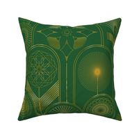 Art Deco Flower Cloches Metallic Gold on Green Floral Wallpaper - Half-Drop