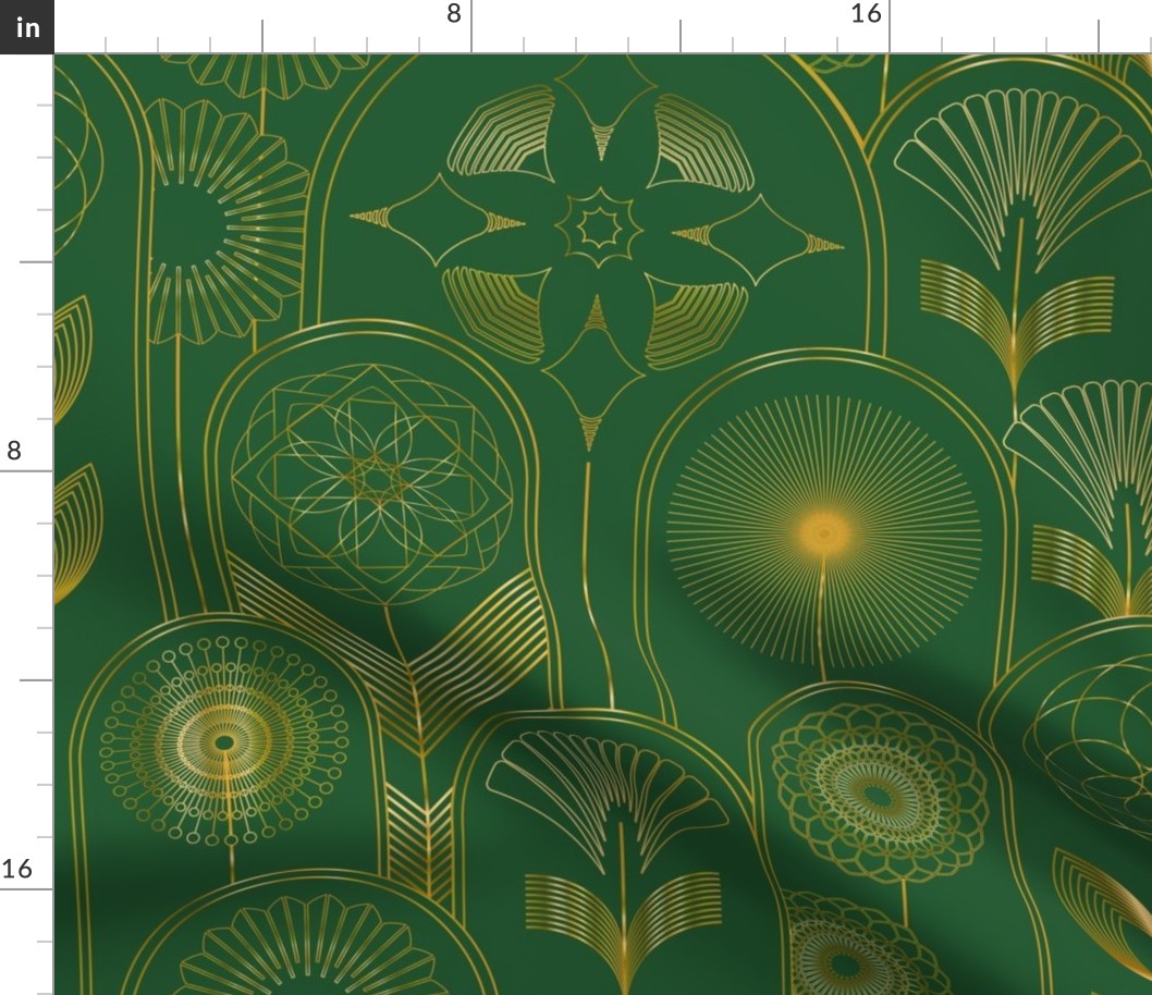 Art Deco Flower Cloches Metallic Gold on Green Floral Wallpaper - Half-Drop