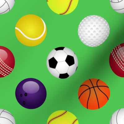 All Sports Balls Soccer, Tennis, Basket, Base, Cricket, Volley, Golf, Soft and Pool Balls on Grass Green