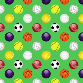 All Sports Balls Soccer, Tennis, Basket, Base, Cricket, Volley, Golf, Soft and Pool Balls on Grass Green
