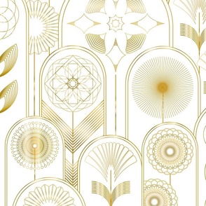Art Deco Flower Cloches Metallic Gold on White Floral Wallpaper - Half-Drop