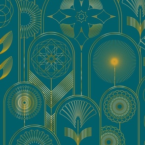 Art Deco Flower Cloches Metallic Gold on Teal Floral Wallpaper - Half-Drop