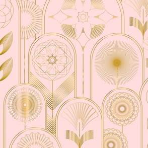 Art Deco Flower Cloches Metallic Gold on Light Pink Floral Wallpaper - Half-Drop