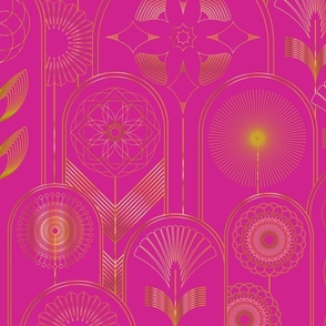 Art Deco Flower Cloches Metallic Gold on Hot Pink Floral Wallpaper - Half-Drop
