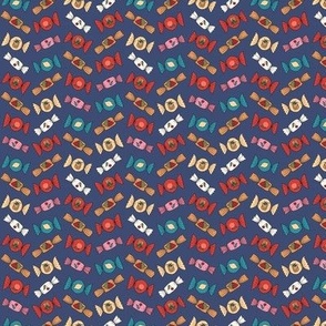 036 - Small scale Sweet candy treats on navy blue, in fruity flavours of banana, orange, lemon and pineapple perfect for party attire, party dresses, cute kids apparel, table linen and kids wallpaper - earthy boho colours of orange, olive green, mustard a