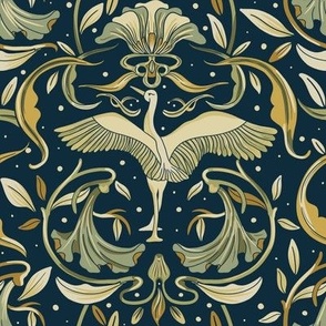 Swan Art Nouveau - Liberty Style Florals - Blue and yellow white 