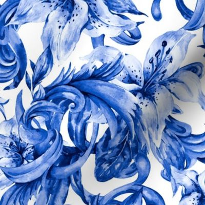 Blue Royal Floral Lilies on White