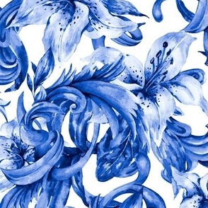 Blue Royal Floral Lilies on White