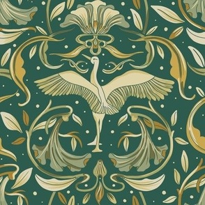 Swan Art Nouveau - Liberty Style Florals - Green and yellow white 