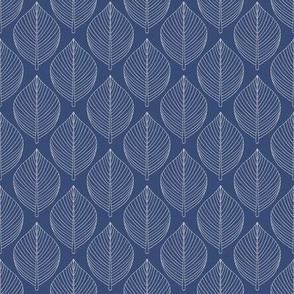 Small scale Skeleton leaves in French navy blue and pale grey, for wallpaper and bed linen - neutral colours of taupe and off white, for large scale soft furnishings and home decor such as curtains, table cloths, sheets and duvet covers 