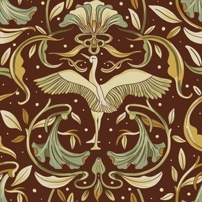 Swan Art Nouveau - Liberty Style Florals - Brown and yellow white 
