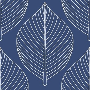 Jumbo scale Skeleton leaves in French navy blue and pale grey, for wallpaper and bed linen - neutral colours of taupe and off white, for large scale soft furnishings and home decor such as curtains, table cloths, sheets and duvet covers 