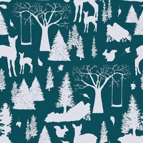 Woodland Deer And Squirrel With Autumn Trees And Leaves White On Teal Green Medium