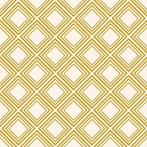 $ medium scale golden mustard and off white diamonds featuring irregular organic lines for added texture, perfect for adult apparel, kitchen linens, patchwork and crafting, soft furnishings such as lampshades, face masks, tote bags, hats and more.