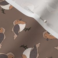 Little winter robins - Christmas theme birds freehand seasonal winter wonderland animals on vintage seventies brown tan beige chocolate