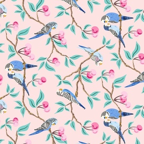 budgies in the cherry tree/sweet pink and mint/rotated