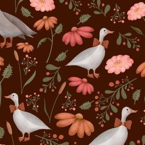 Goose and wildflowers on dark red SMALL