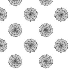 Black and white spiral floral line art