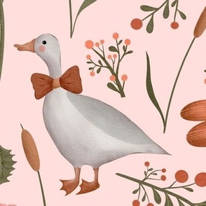 Goose and wildflowers on pink BIG