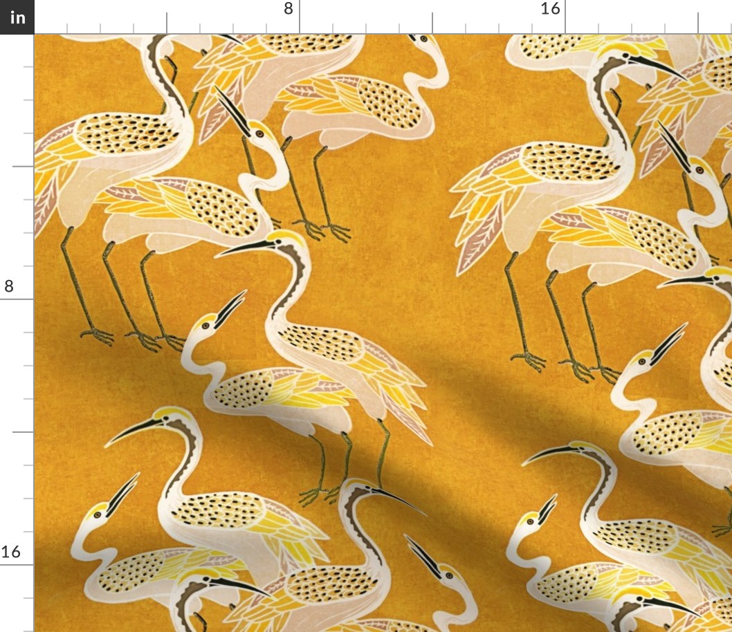 Deco Cranes, Brightened Gold, 12in x 17.78in repeat scale