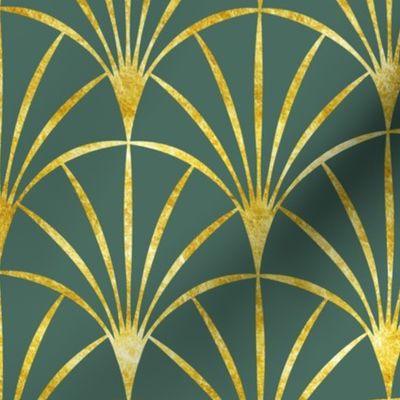 Art Deco gold thin fans pine green