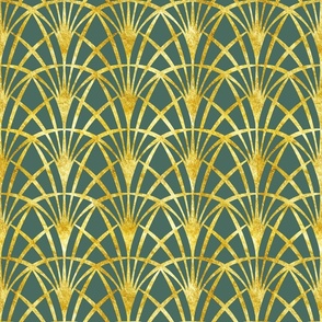 Art Deco pine green gold lace thin fans Wallpaper