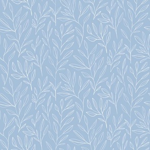 Leaves and Stems Line Work || White on Sky Blue by Sarah Price