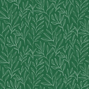 Leaves and Stems Line Work || White on Emerald Green by Sarah Price