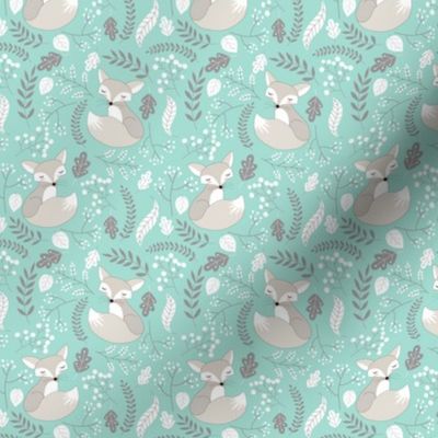 SMALLER Fox - Sleepy Gray Foxes (mint) Baby Nursery Woodland Animals Kids Childrens Bedding M2