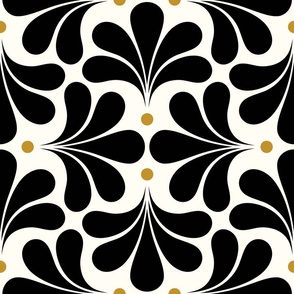 In Bloom Art Deco Geometric Floral- Classic Minimalist Flowers- Neutral Mid Century Modern Wallpaper- 20s- 70s Vintage- Natural Background- Black- Mustard Petal Solids Coordinate Medium