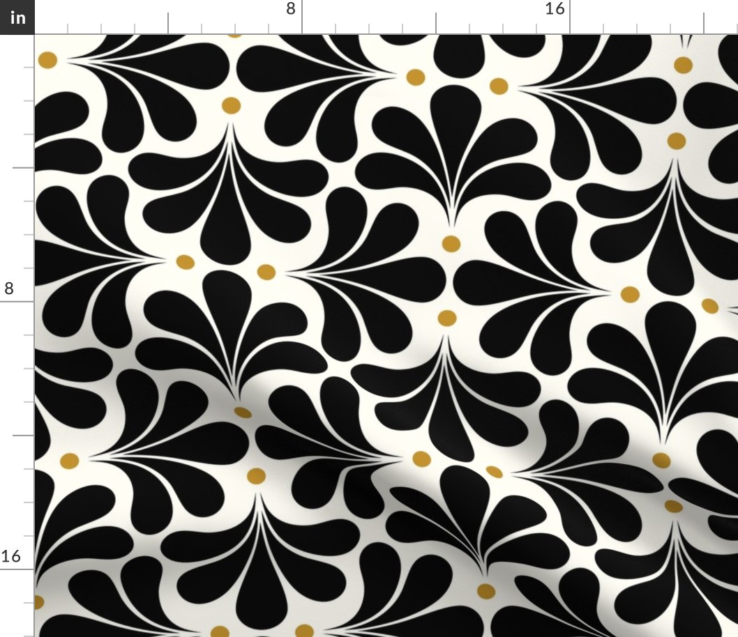 In Bloom Art Deco Geometric Floral- Classic Minimalist Flowers- Neutral Mid Century Modern Wallpaper- 20s- 70s Vintage- Natural Background- Black- Mustard Petal Solids Coordinate Small